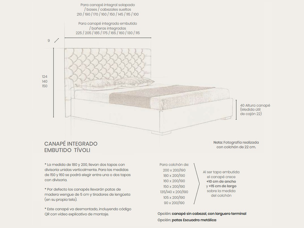 Medidas del cabecero y canapé con arcón Meissa recto de Acana