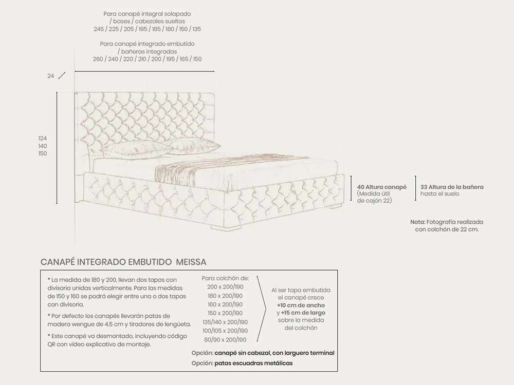 Medidas del cabecero Meissa curvo y el canapé con arcón Meissa de Acana