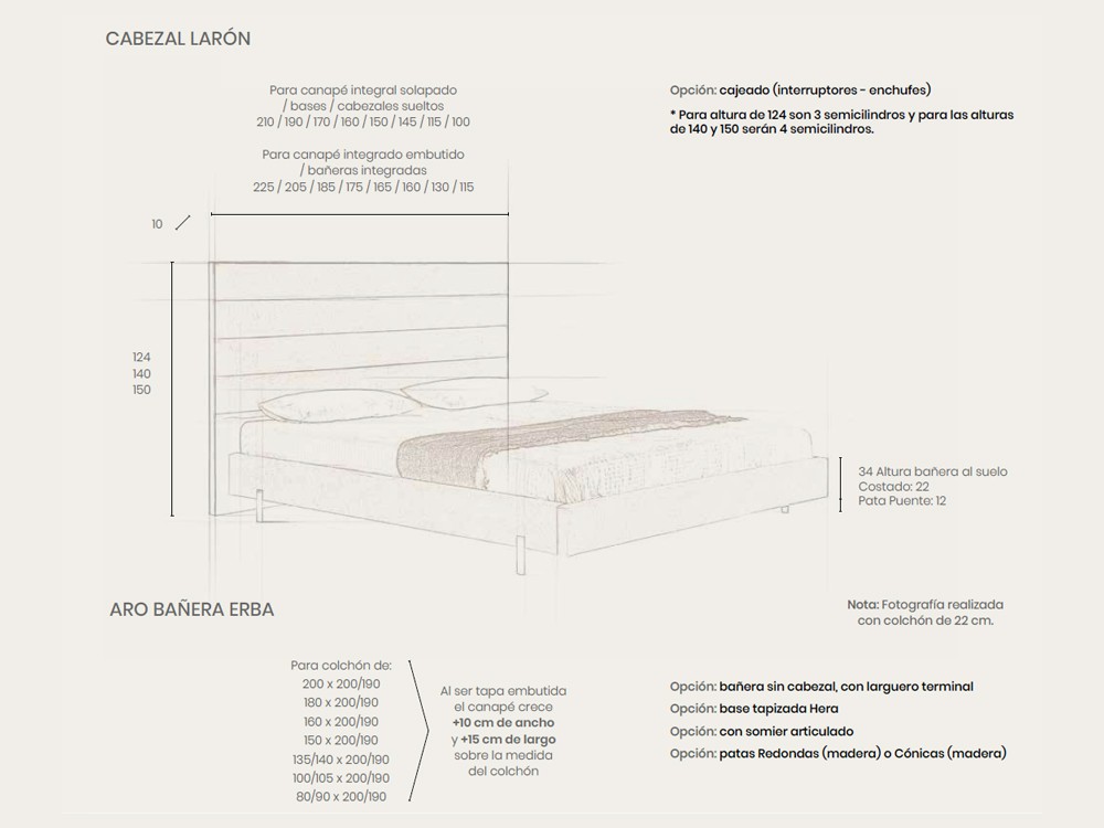 Medidas de la cama con cabezal Larón y aro Erba con base Hera tapizados de Acana