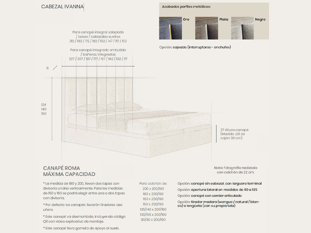 Medidas y opciones disponibles para el cabecero Ivanna con canapé arcón Roma de Acana