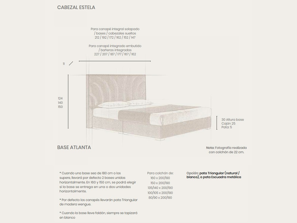 Medidas del cabecero Estela y la base Atlant a tapizados de Acana