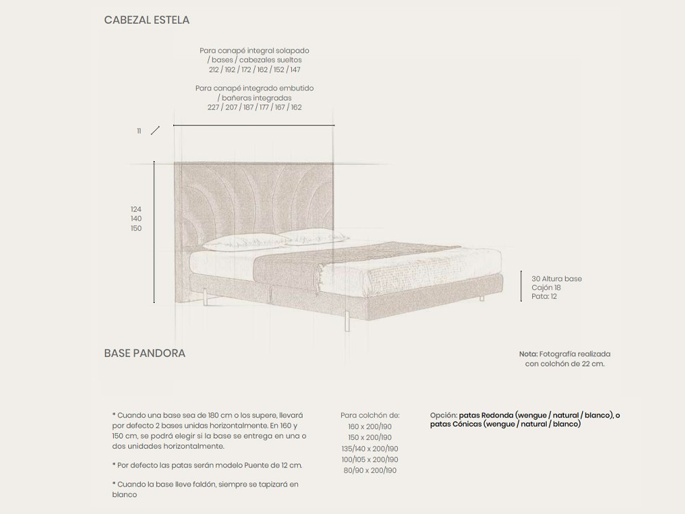 Medidas del cabecero Estela y la base Pandora tapizados de Acana