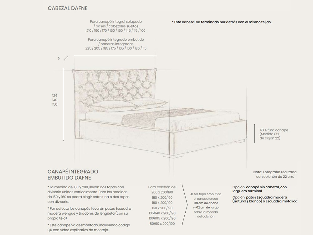 Medidas de cabecero y canapé tapizados Dafne de Acana