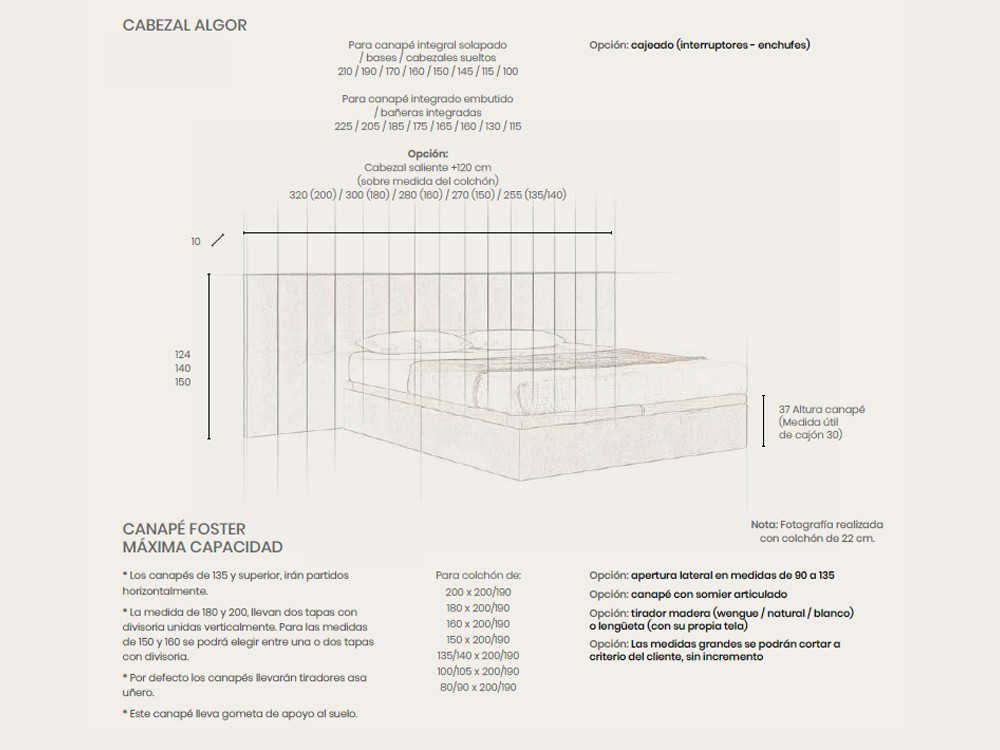Medidas del cabecero corrido Algor y canapé Foster máxima capacidad de Acana