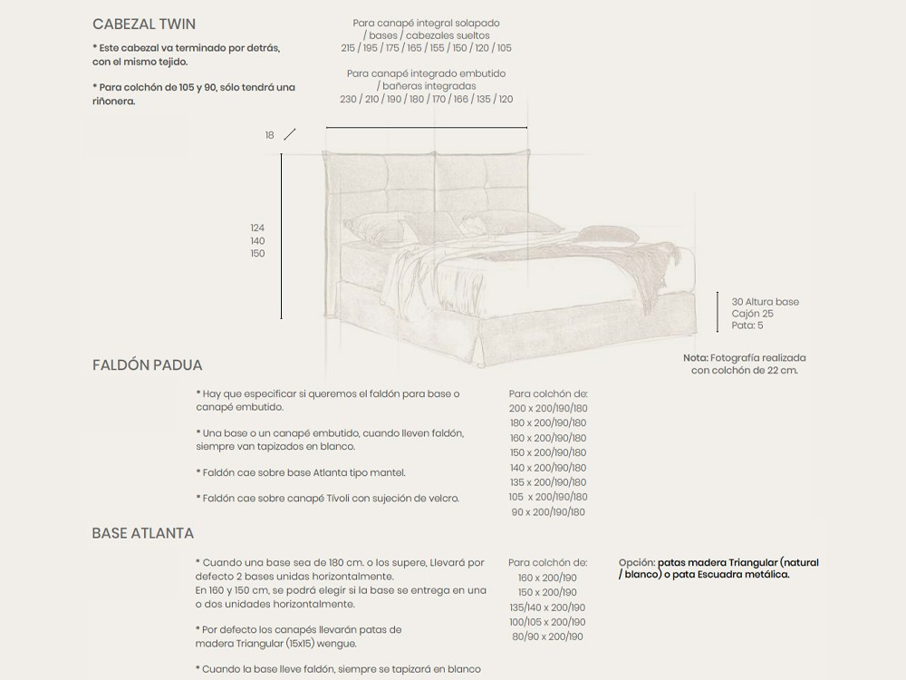 Medidas cabecero Twin, base Atlanta y faldón Padua de Acana