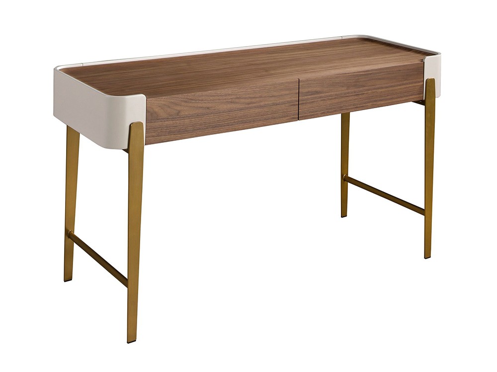 Escritorio de diseño que combina la chapa natural de nogal y MDF lacado en beige con patas de acero 7186