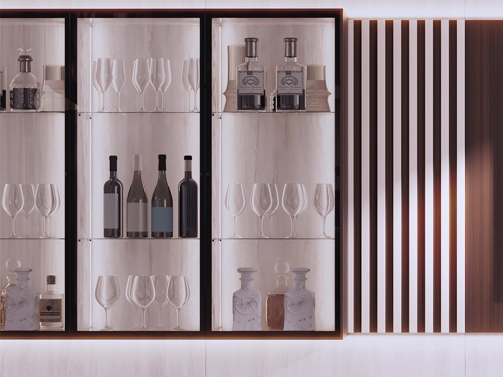 Vitrina suspendida en la composición de salón 802 de Piñero y Cabrero