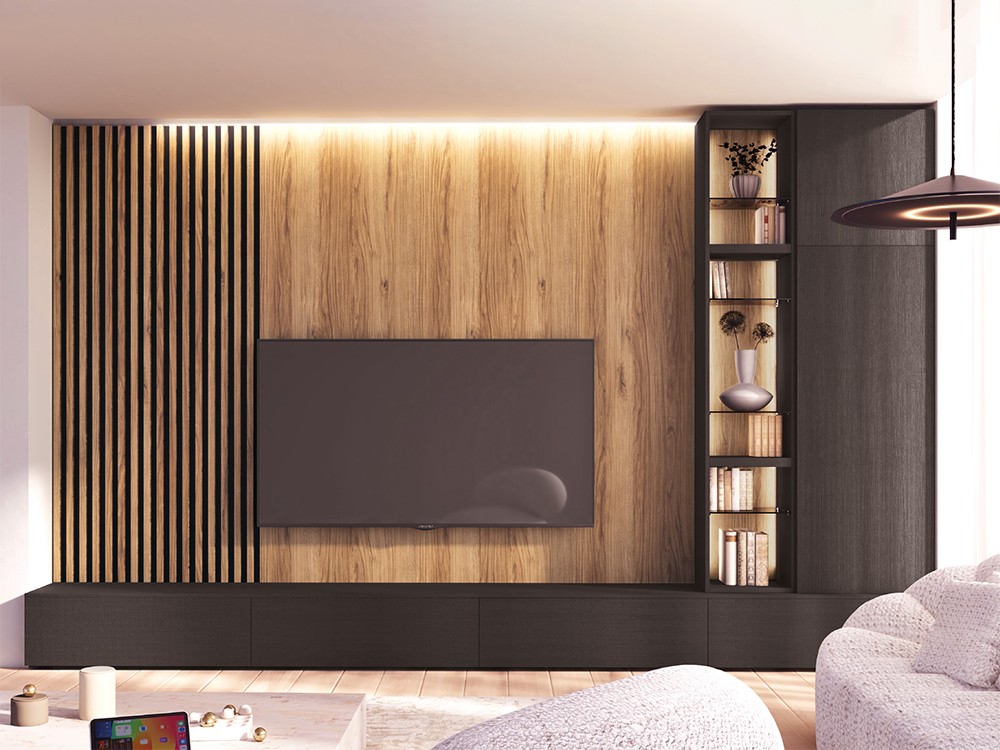 Composición para salón con panel con luz led y vitrina 803 de Piñero y Cabrero