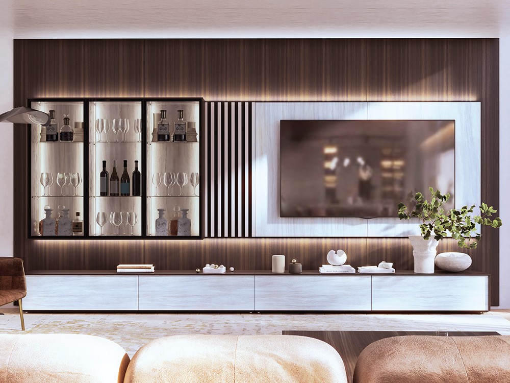 Composición para salón con panel, mueble bajo y vitrina 804 de Piñero y Cabrero