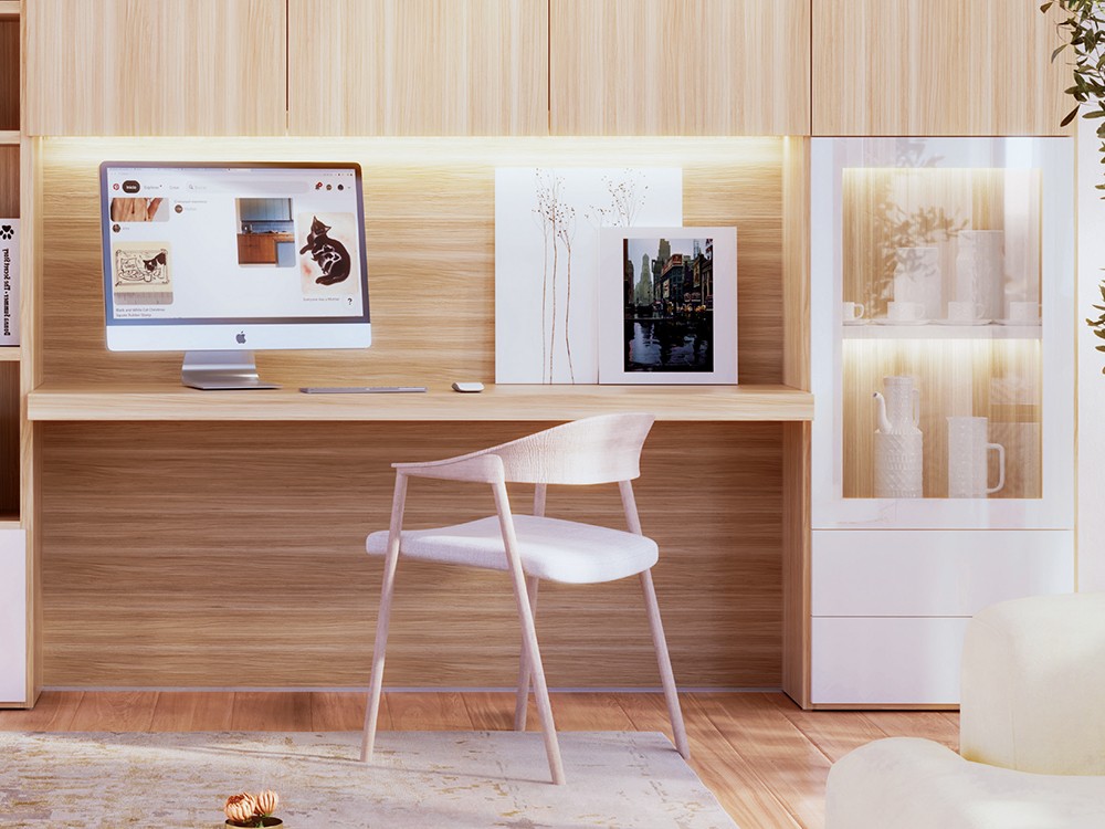 Detalle del escritorio en acabado laminado Fresno mistic 806 de Ángel Cerdá