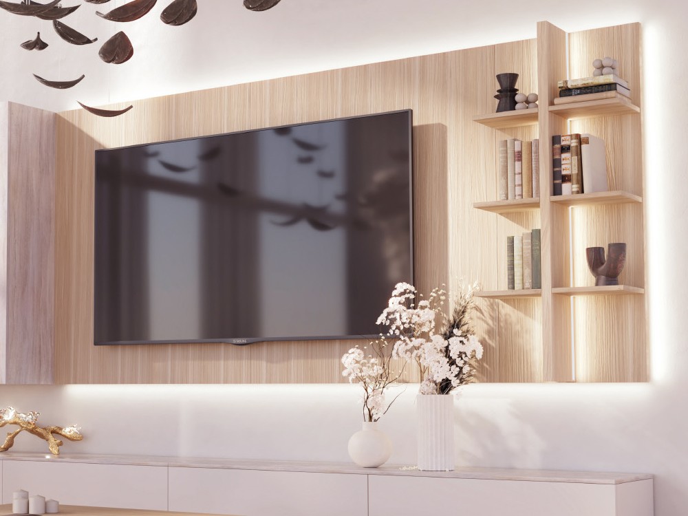 Con un mueble bajo y panel con soporte TV y armario, composición 806 Piñero y Cabrero