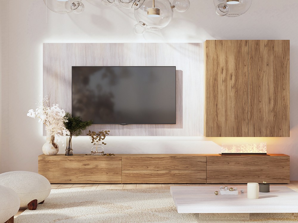 composición para salón con hueco para chimenea eléctrica 807 de Piñero y Cabrero