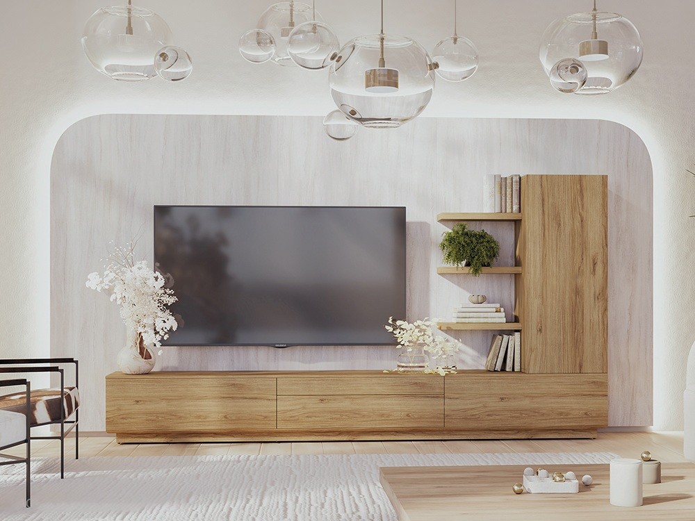 Composición para salón con panel con bordes redondeados y luz led 806 de Piñero y Cabrero