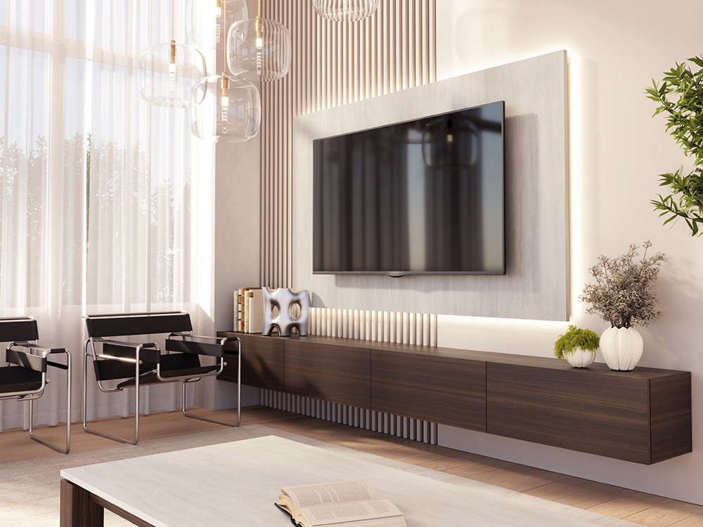 El panel de palillería hasta techo enmarca el panel con soporte TV, mueble 809 Piñero y Cabrero