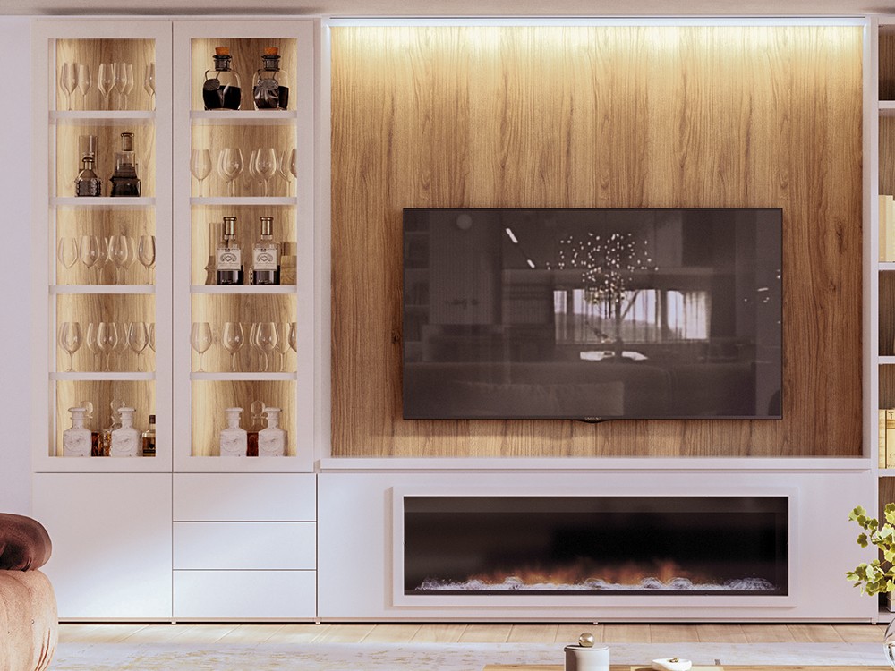Librería con puertas vitrina, chimenea y panel con soporte TV 812 de Piñero y Cabrero