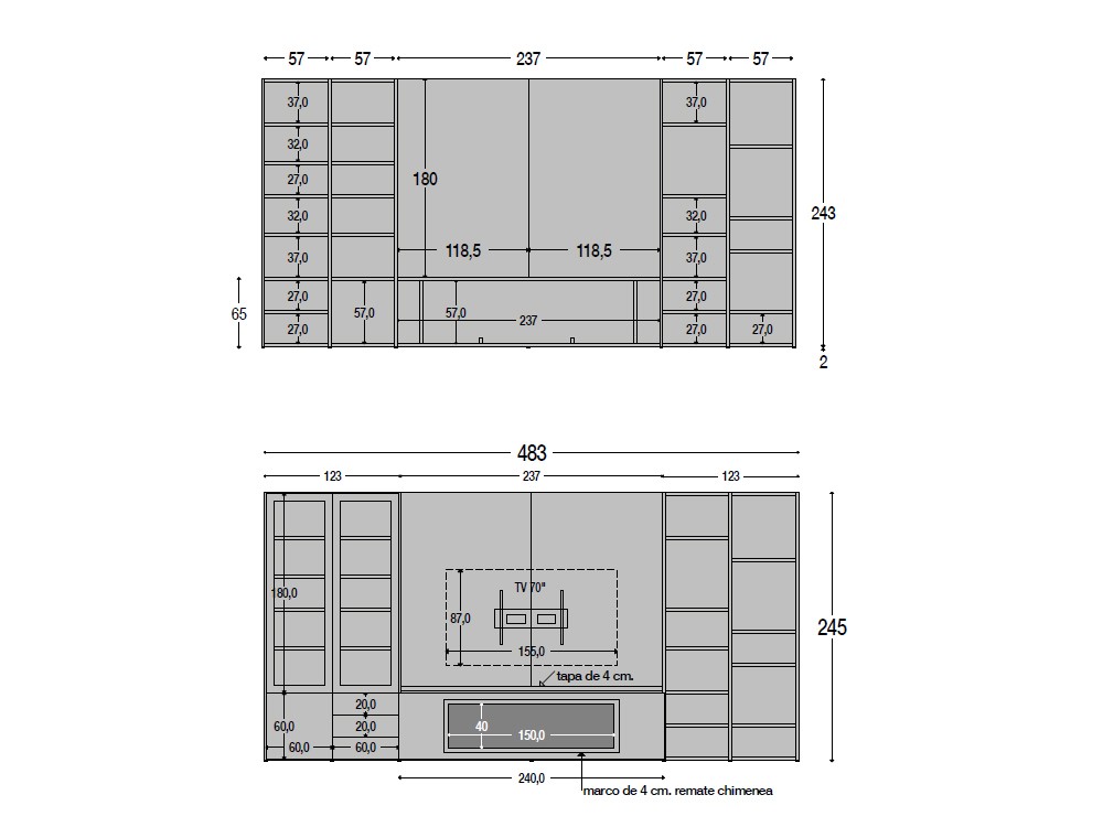 Medidas de la librería a medida con chimenea 812 de Piñero y Cabrero