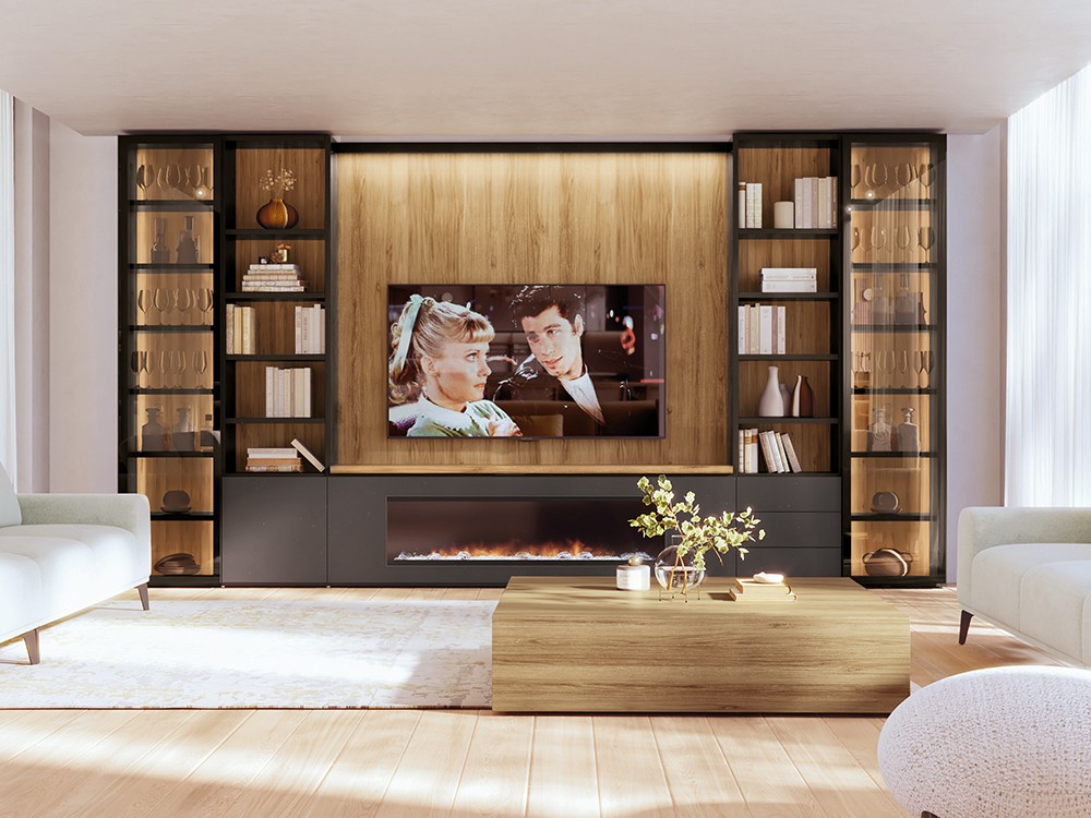 Mueble TV con chimenea, librería y vitrinas 813 de Piñero y Cabrero