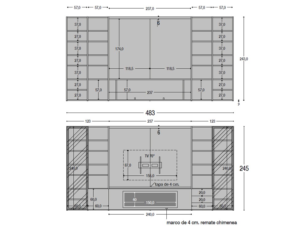 Medidas de la composición para salón con chimenea 813 de Piñero y Cabrero