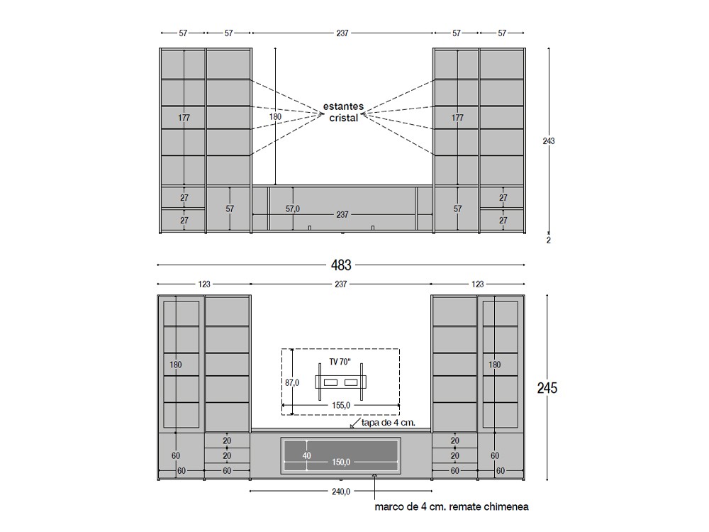 Mueble TV con chimenea y vitrinas 814 Piñero y Cabrero