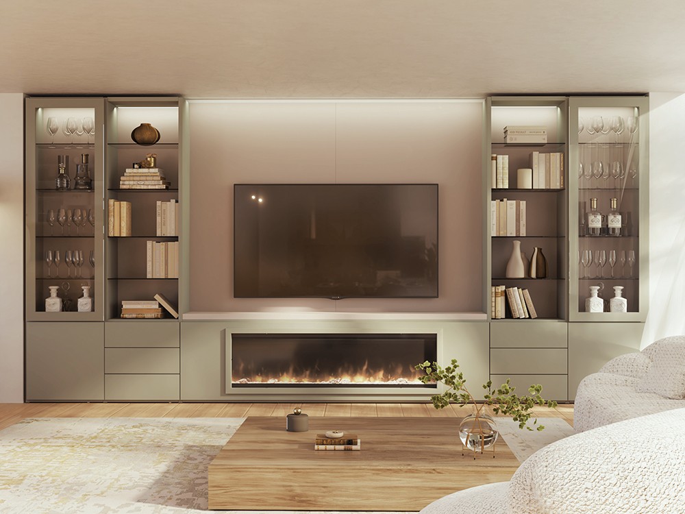 Composición para salón con chimenea, librerías y vitrinas 814 de Piñero y Cabrero