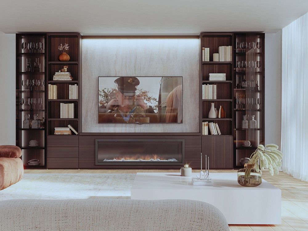 Composición para salón con chimenea, panel tv, librerías y vitrinas 815 Piñero y Cabrero