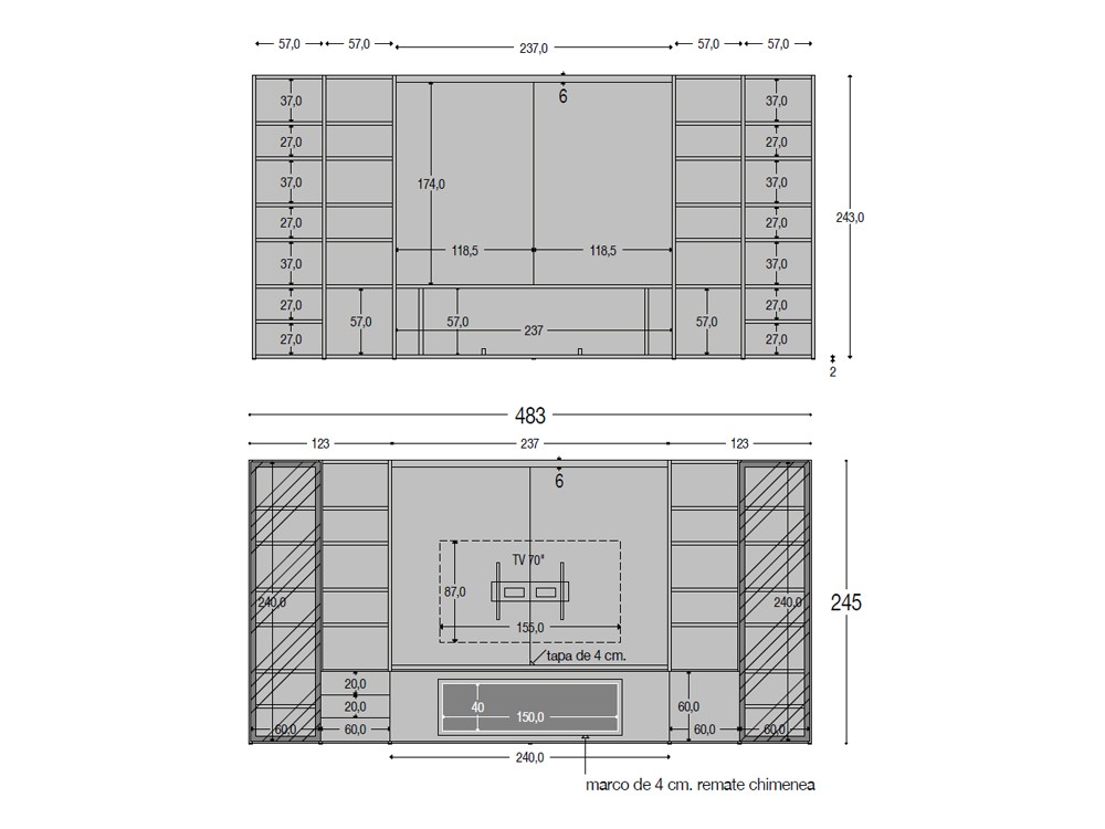 Medidas del mueble tv con chimenea 815 de Piñero y Cabrero