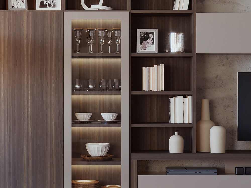 Vitrina iluminada y librería con espacio para televisión 819 Piñero y Cabrero