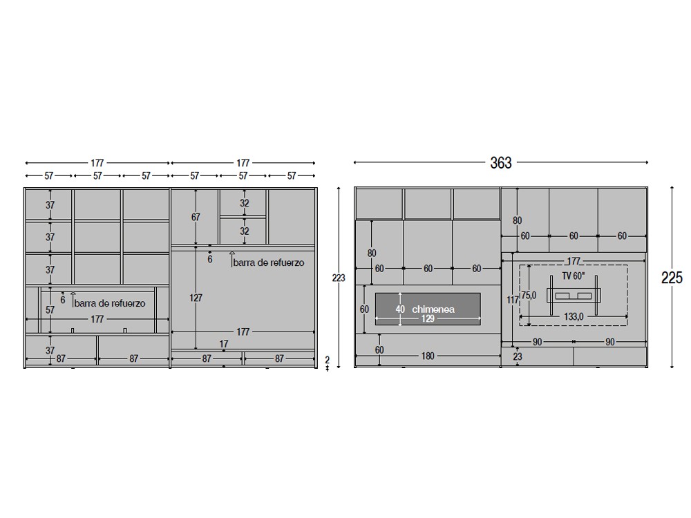 Medidas de la composición de librería con chimenea 822 de Piñero y Cabrero