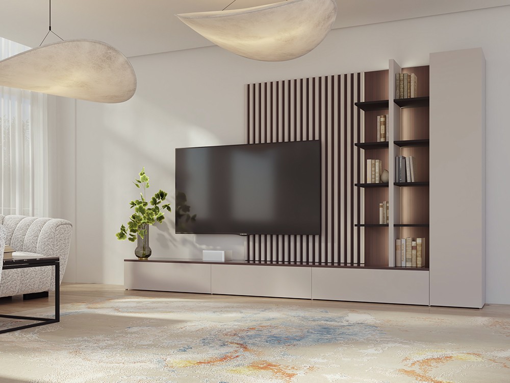 Composición de mueble para salón con panel de palillería y librería con luz 826 Piñero y Cabrero