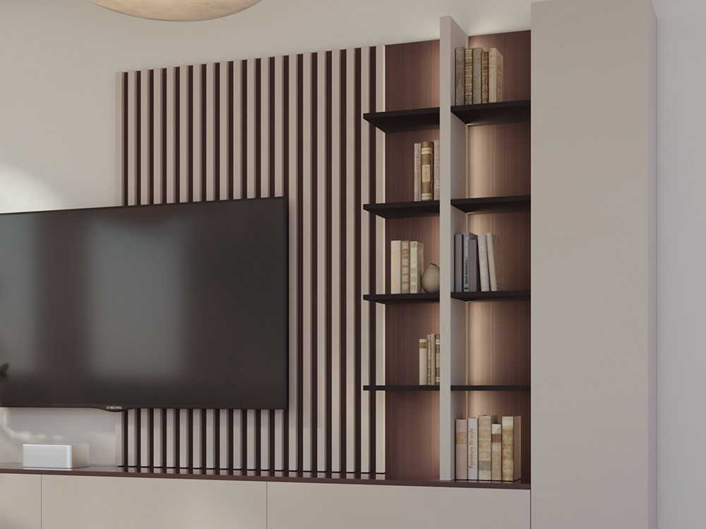 Detalle del panel de palillería y la librería con luz led, composición 826 piñero y cabrero