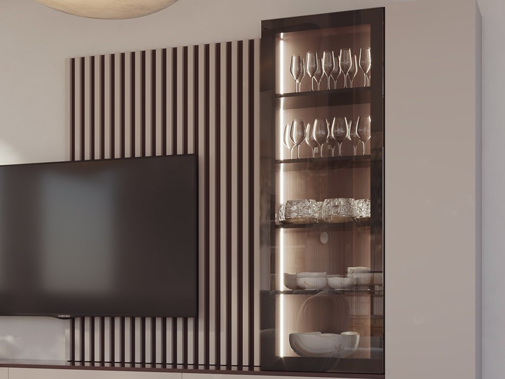 Detalle de la vitrina con luz y la palillería del mueble 827 de piñero y cabrero