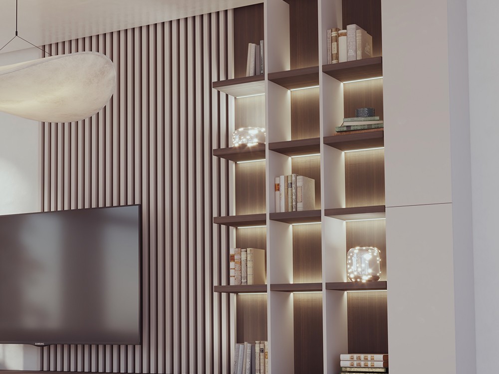 Mueble para televisión con palillería y estantes con luz led 830 de Piñero y cabrero