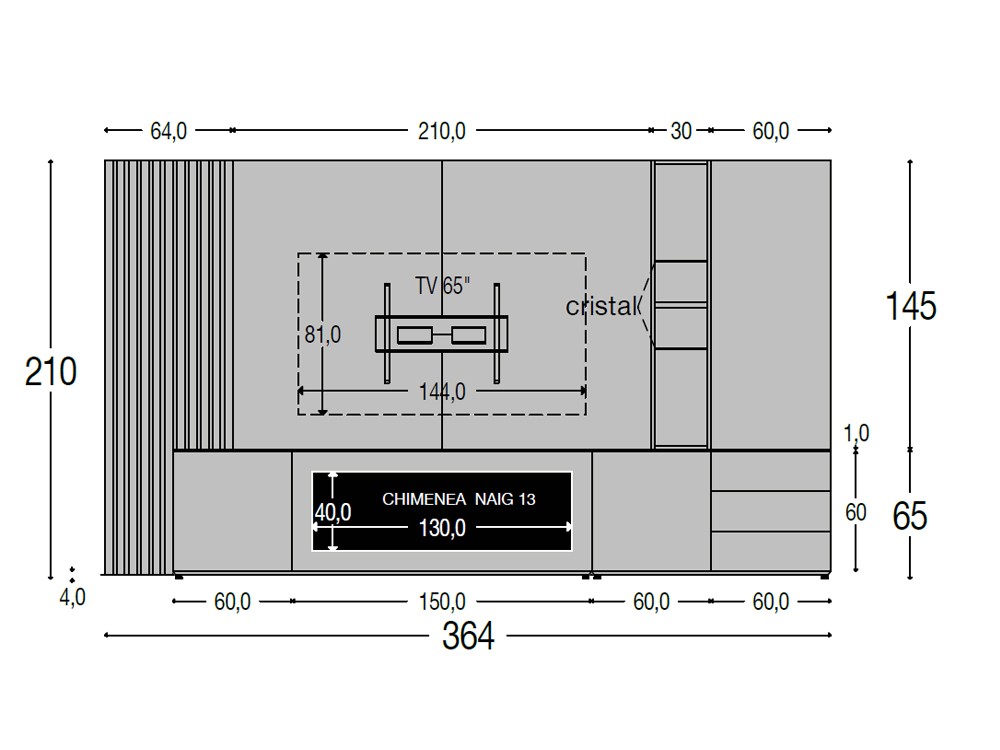 Medidas del mueble TV con chimenea 833 de piñero y cabrero