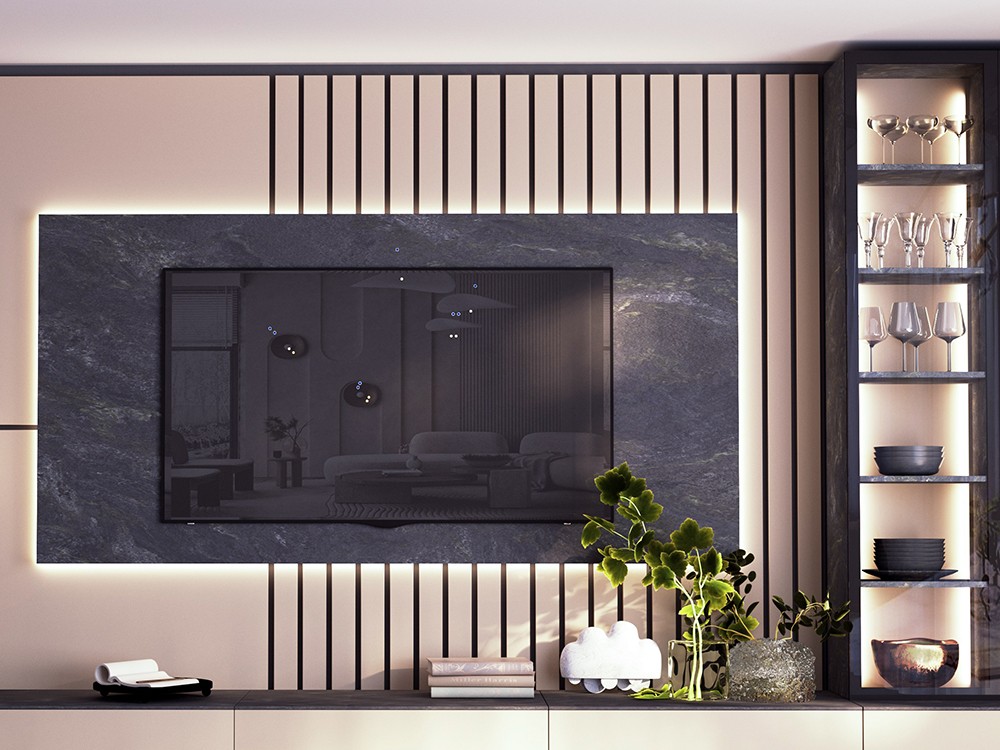 Mueble tv con panel y vitrina con luz led de piñero y cabrero 835