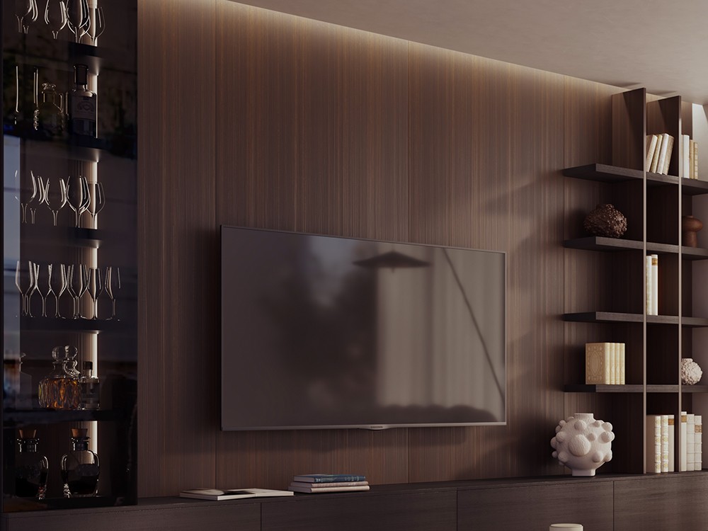 Mueble para televisión con panel y vitrina de piñero y cabrero 836