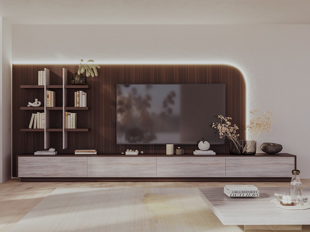 Composición para salón con panel con borde redondeado y luz led 839 piñero y cabrero