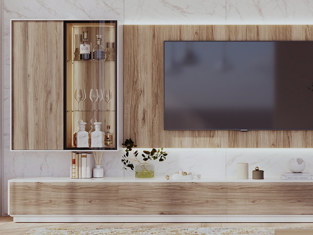 Mueble para tv con panel laminado y vitrina de piñero y cabrero 841