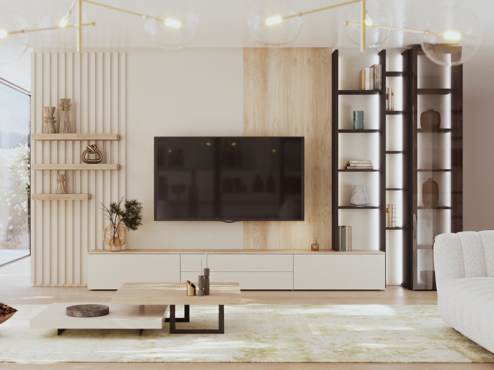 Composición para salón con panel alistonado y vitrina 842 de piñero y cabrero