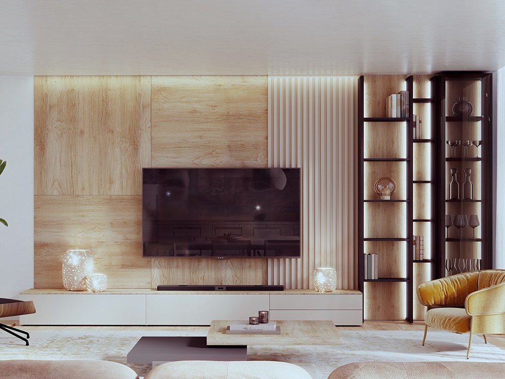 Composición para salón con panel de chapa natural 843 de piñero y cabrero