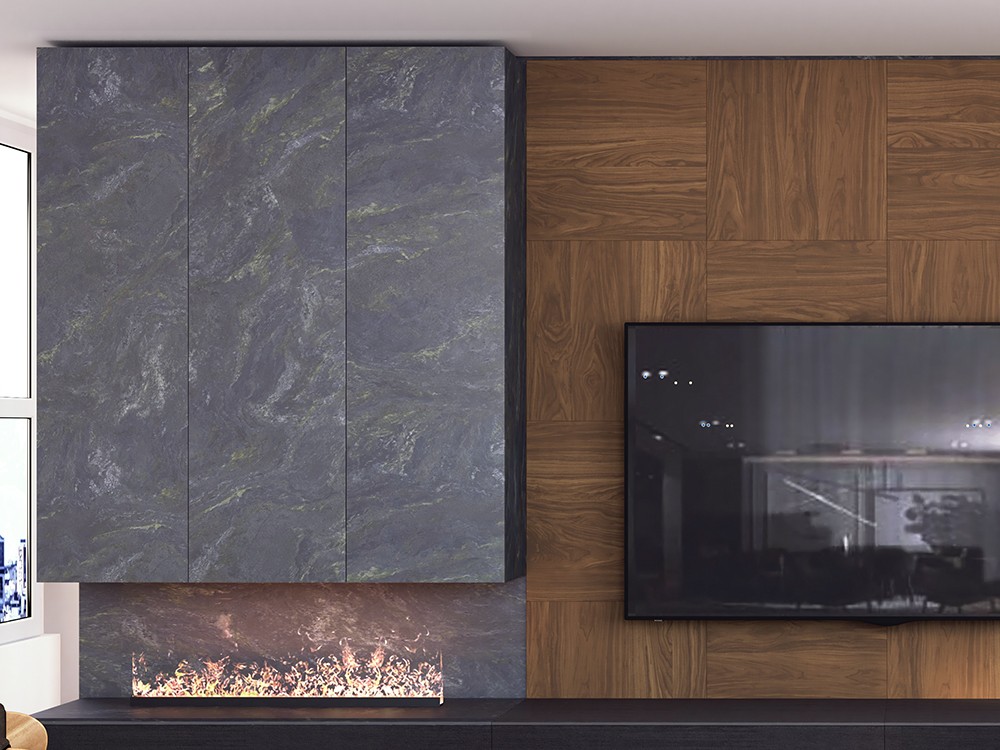 Mueble para televisión con panel, vitrina y hueco para chimenea eléctrica 845 de Piñero y cabrero