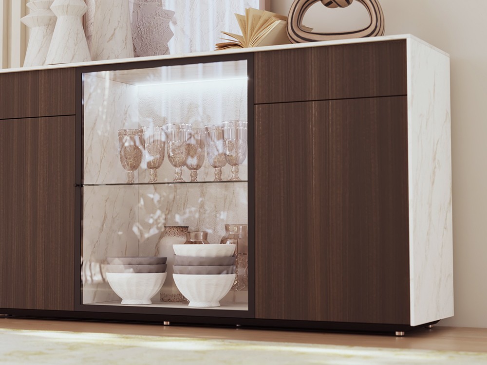 Detalle de los frentes en acabado laminado y la vitrina con luz led piñero cabrero 890