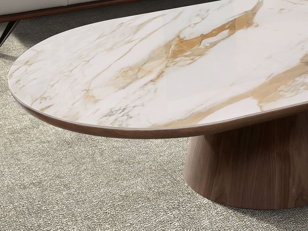 Sobre porcelánico en color blanco con vetas en tonos tierra brillo, mesa de angel cerdá 2160