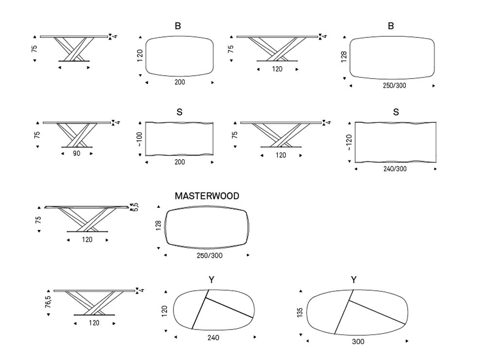 Medidas disponibles para la mesa Skorpio Wood de Cattelan