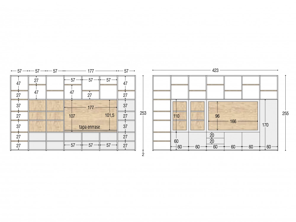 Medidas de la librería diáfana Qubic 10 Piñero y Cabrero