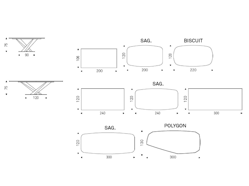 medidas disponibles de la mesa Stratos Keramik de Cattelan