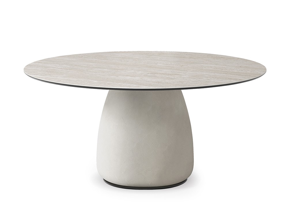 Mesa redonda de comedor con sobre porcelánico y base en acabado arcilla espatulada Botero de Cattelan