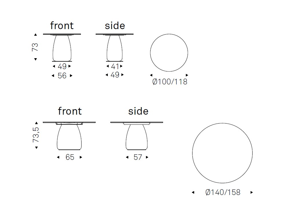 medidas disponibles para la mesa Botero keramik Round de Cattelan