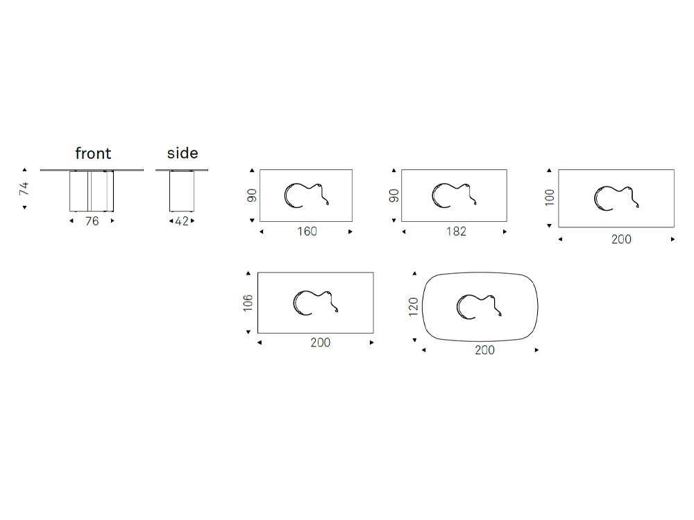 Medidas disponibles para la mesa Papelito de Cattelan