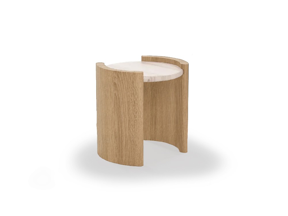 Mesa auxiliar Volga con madera natural de fresno y sobre en mármol travertino de unika