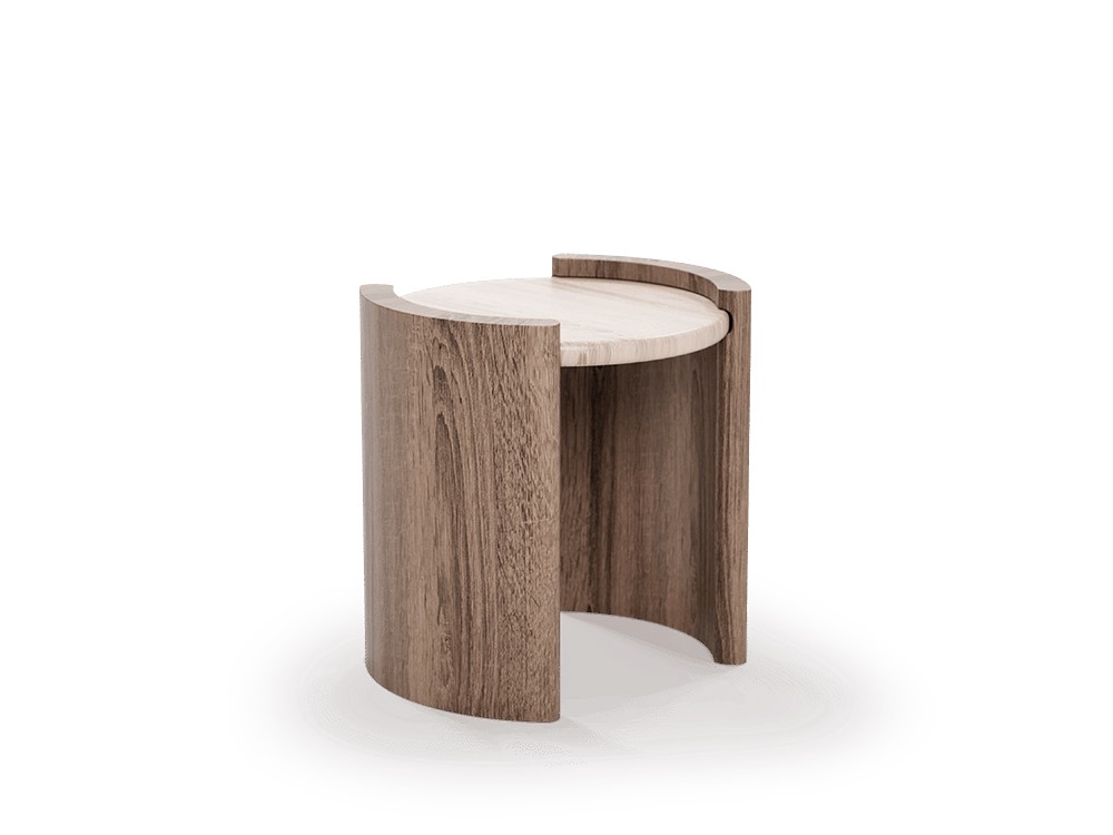 Mesa auxiliar Volga con madera de fresno teñido en tono nogal y sobre en mármol travertino de unika